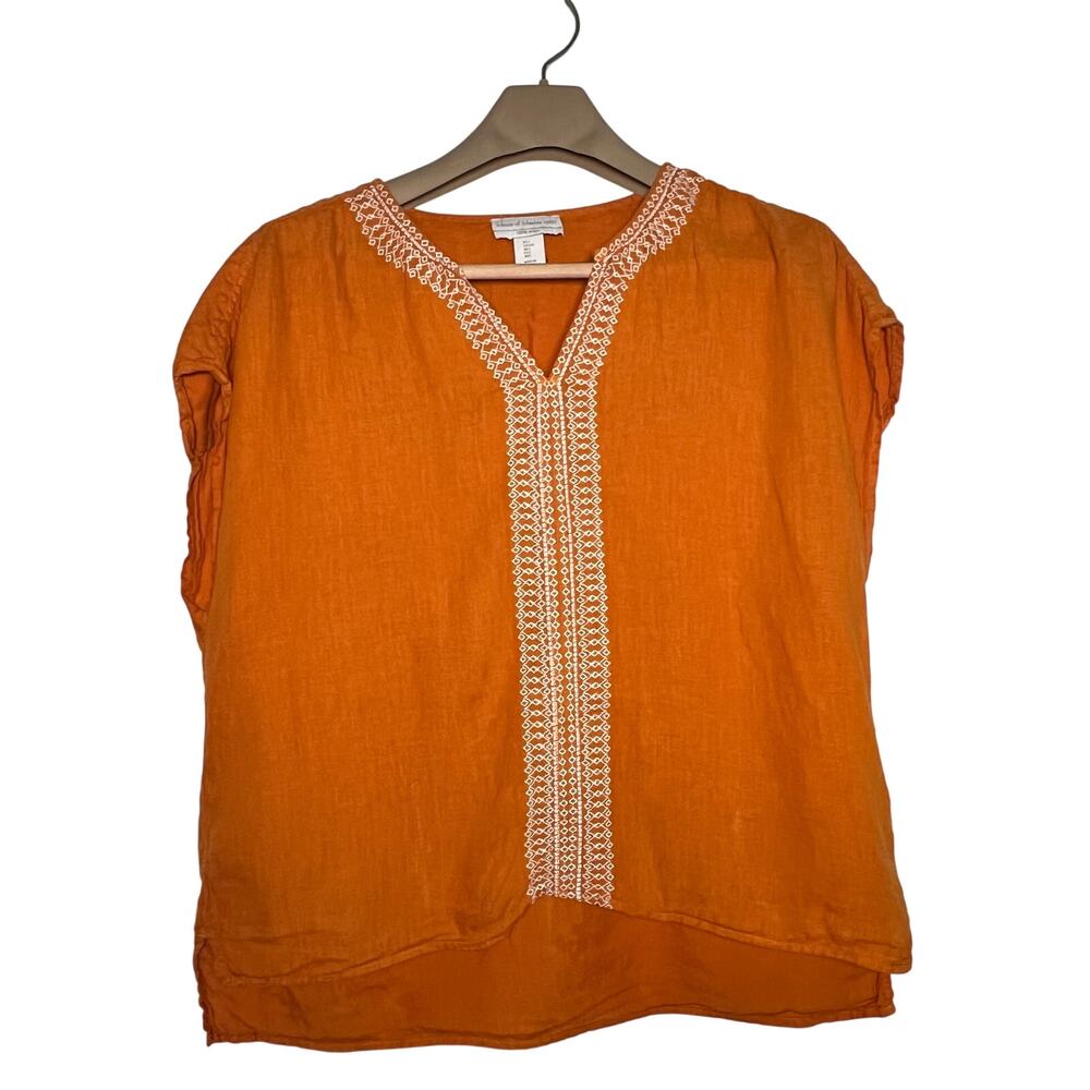 House of Harlow 1960 Linen Boho Embroidered Top Shirt LARGE Orange White Linen